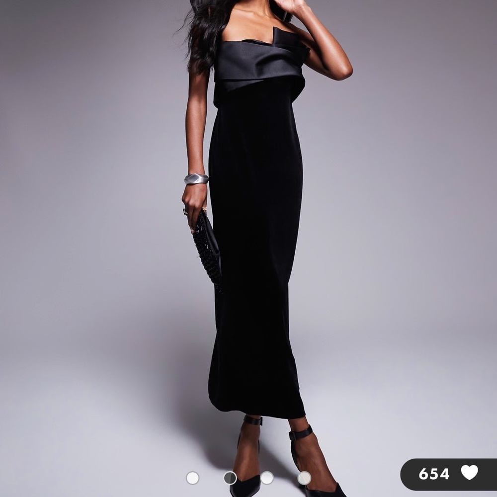 ASOS DESIGN velvet sculptural midi dress with contrast satin bodice in black